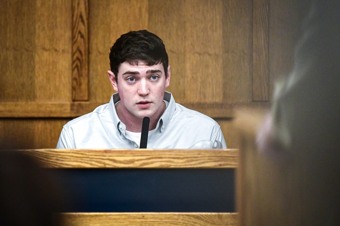 Zackary Matthew Maas testifies during his deliberate homicide trial in Flathead County District Court on Wednesday, March 15. (Casey Kreider/Daily Inter Lake)