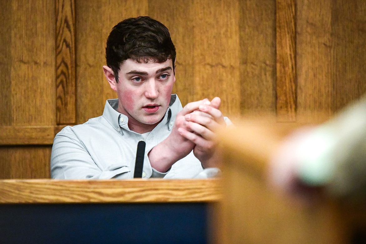 Zackary Matthew Maas testifies about the act of shooting Gabriel Wagoner during his deliberate homicide trial in Flathead County District Court on Wednesday, March 15. (Casey Kreider/Daily Inter Lake)