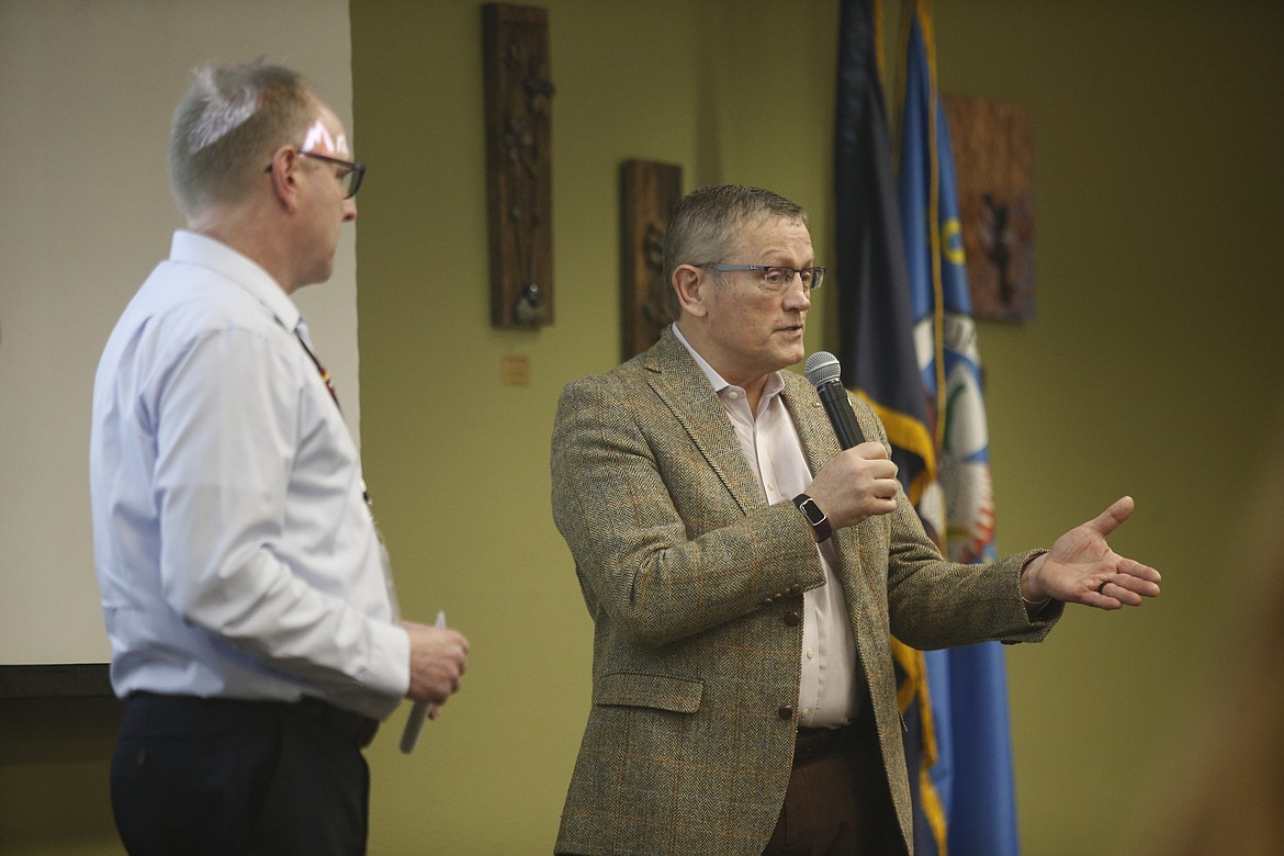 Accreditation liaison Steve Kurtz and North Idaho College President Nick Swayne addressed the public Thursday during a community focus group. KAYE THORNBRUGH/Press