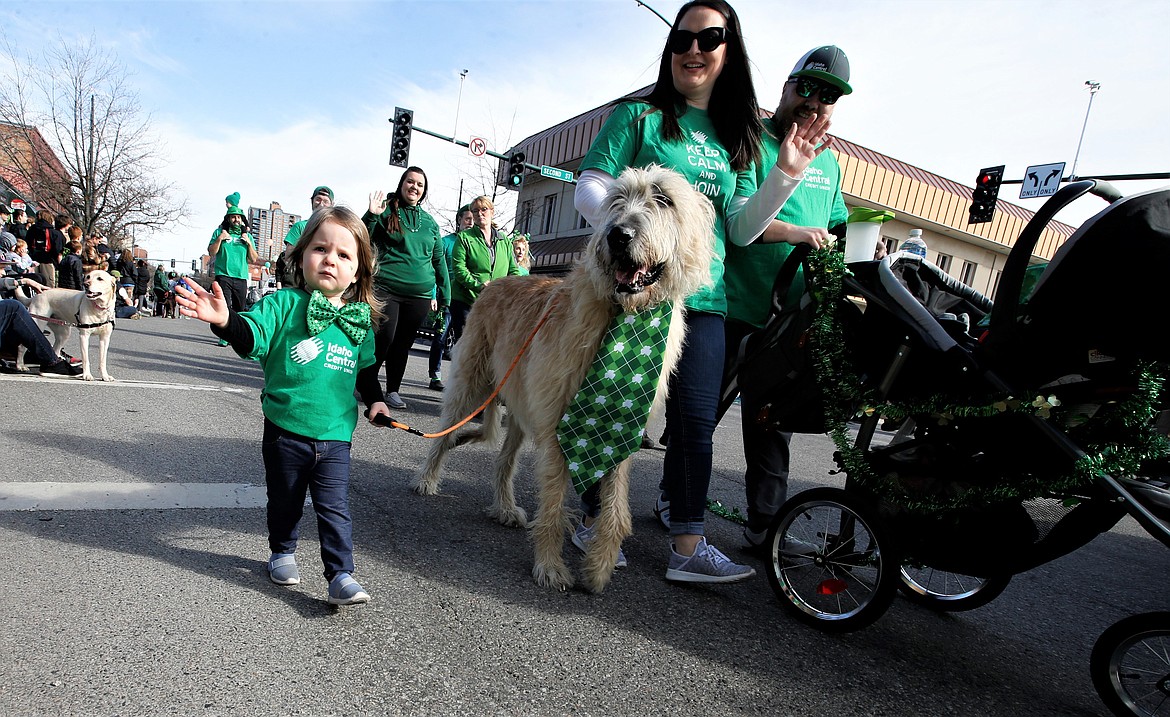 Vivian Laffoon leads Ike, an Irish Wolfhound, in the St. Patrick's Day Parade on Saturday. She is joined by parents Kasey and Emily Laffoon and baby brother George.