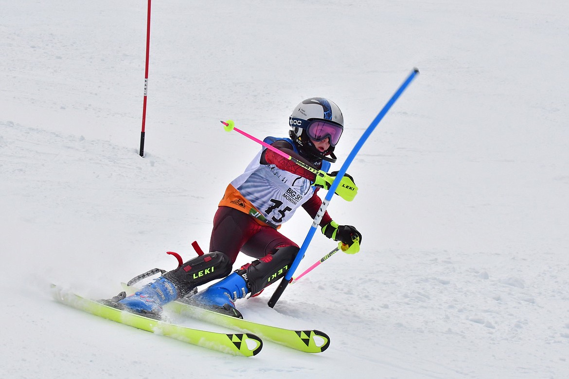 Colter Bengtson from West Glacier competes in the slalom on Saturday at the YSL Championships in Big Sky. (Photo by Paul Bussi-idealphotography.com)