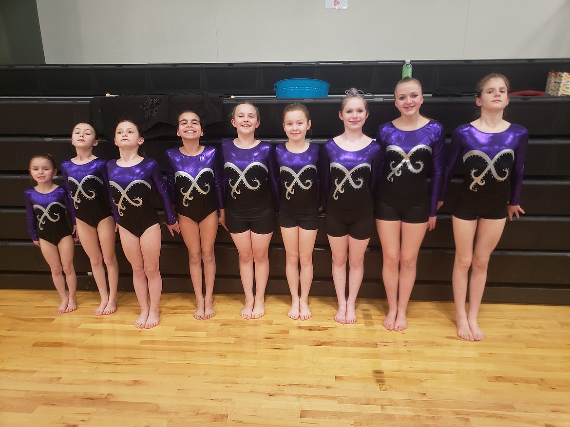 The Silver Valley Gymnastics Bronze Team recently competed at the Great West Gym-Fest and the Snowglobe. Pictured are team members Maddy Burke, Norah Burke, Kinlee Miller, Aleah Chase, Jenna Bowman, Kymber Mann, Iris Wild, Rory Kromer, and Emma Cook.