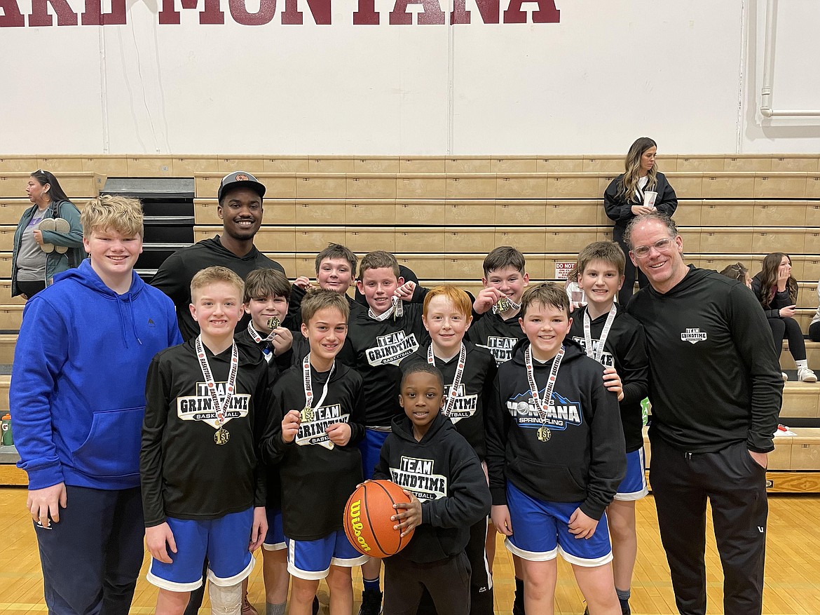 Courtesy photo
Grindtime Basketball from Hayden won the boys sixth-grade division at the 2023 Montana Spring Fling last weekend in Missoula. In the front is Shy Blake Jr.; second row from left, Grady Hicks, Ryder Quinn, Colton Bligh and Johnny Gatten; third row from left, Brady Gatten, Brayden Williams, Sam Weymouth, Rylan Miller, Max Lopez and coach Tim Gatten; and back row from left, coach Shi Blake and Devon Flores. Not pictured is Landon Schoeny.