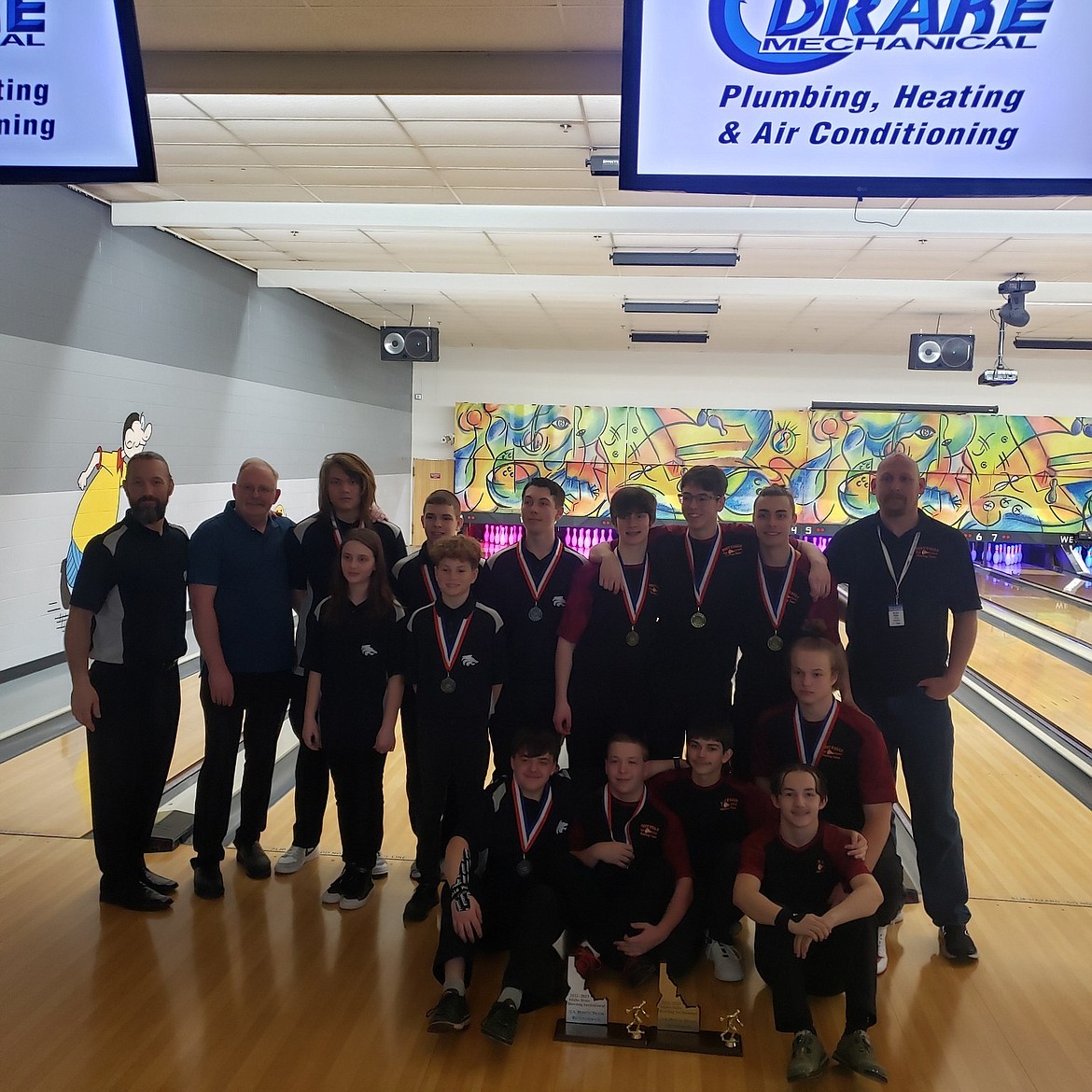 Courtesy photo
Post Falls boys placed first in 5A, and Lake City's boys were second in 5A at the recent state bowling championships in Garden City.
In the front row from left are Colin Borgaro, Alex Walker, Alex Higgins and Donald Shaw; middle row from left, Rosy Gallegos, Byron Hammett and Bladen Huffaker; and back row from left, Josh Loper Sr. (coach), Ron Jacobson (coach), Gezus LaSarte, Tyler Clarke (first place in boys singles), Josh Loper Jr., Eric Campbell, Quinlan Campenella, Jayson Austin and Bryan Rider (coach).
