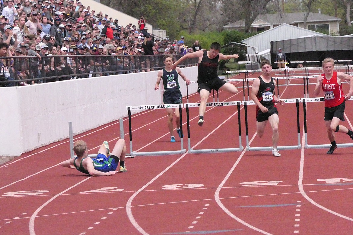 Hot Springs hurdler Kyle Lawson (518) competes in the 110 meter hurdle event at last year's State BC Track championships in Great Falls.  Lawson signed with Montana-Western to play football and was a wide receiver this past Fall. (Chuck Bandel/VP-MI)