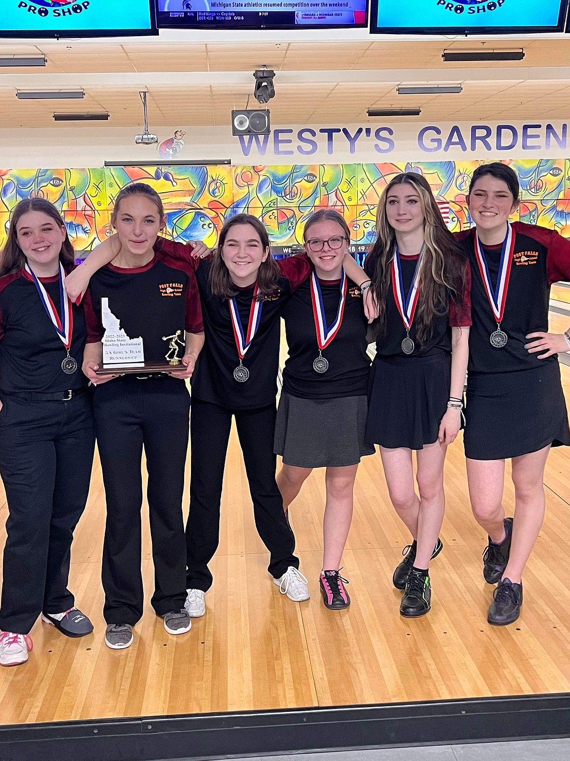 Courtesy photo
The Post Falls High School girls took first place in 5A at the recently state bowling championships in Garden City. From left are Jordyn Cord, Alliana Rider (also took second place in girls singles), Addison Mueller, Ryllee Kaup, Roxy Cummings and Reagan Clifton.