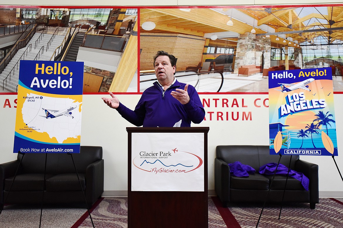 Greg Baden, Chief Operating Officer of Avelo Airlines, speaks during a press event announcing the airline’s nonstop service to Los Angeles at Glacier Park International Airport on Tuesday, March 21. (Casey Kreider/Daily Inter Lake)