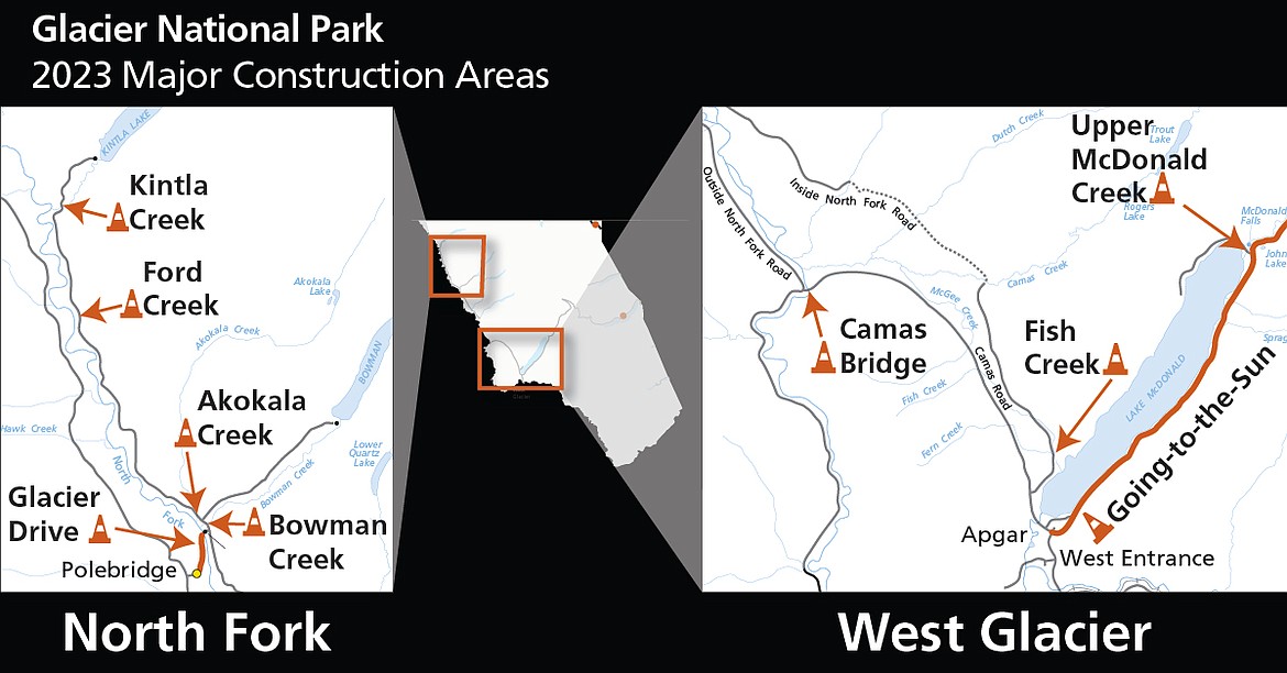 Map of affected areas for construction in Glacier National Park this season. (photo provided)