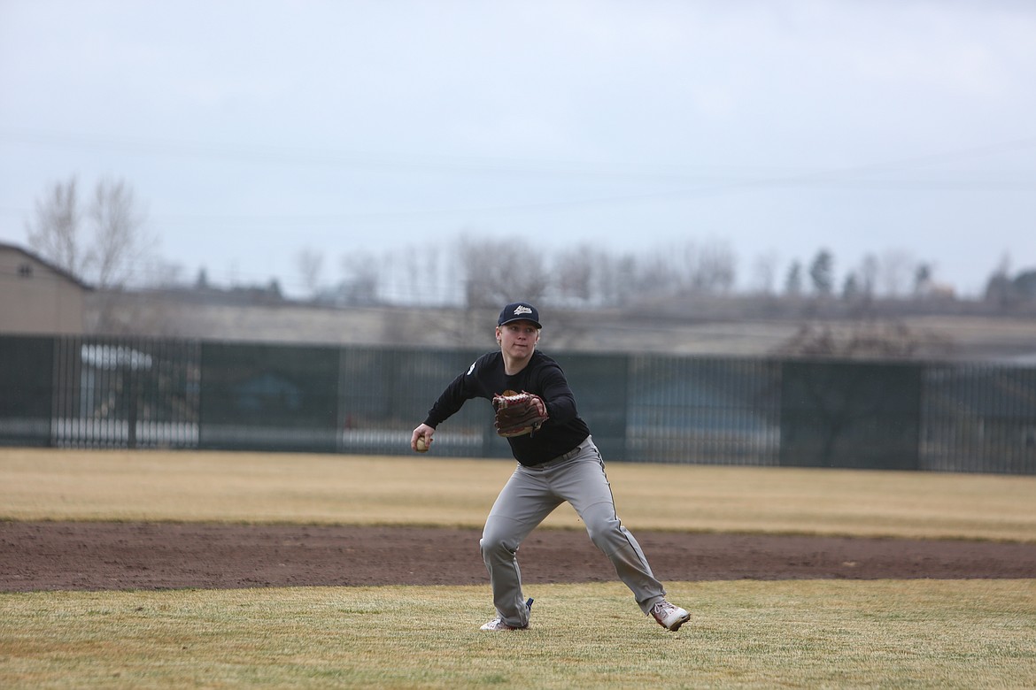 MLCA/CCS junior Jonah Robertson prepares to throw the ball to first base during a fielding drill on Monday.