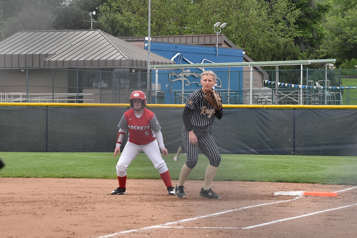 Royal sophomore Audrey Burgeson plays on first base against Castle Rock in the 1A state tournament.