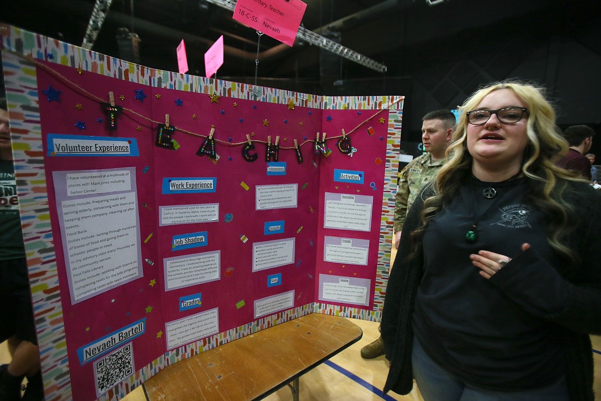 Nevaeh Bartell from New Vision High discusses her plans to be an elementary school teacher Wednesday during the Post Falls Reverse Job Fair.