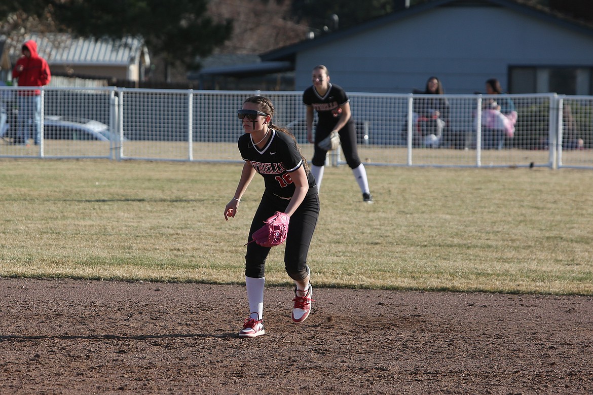Othello senior Camryn McDonald waits for a Shadle Park batter to swing in the first game of a doubleheader on Tuesday. McDonald hit a home run in the second game.