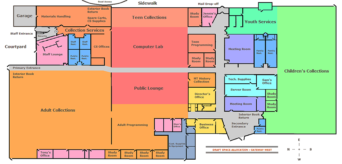 A draft layout of the Gateway West Mall location if the library was able to secure 60,000 square feet. Director Ashley Cummins said this was created with staff input. The sidewalk borders Glenwood Drive and the second entrance opens into the interior of the mall. (photo provided)