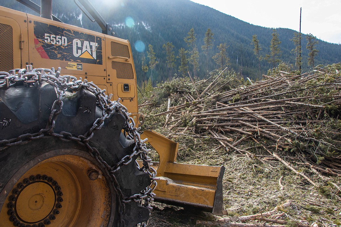 The machine that retrieves the chopped timber from the woods is seen next to a slash pile on a logging landing on March 9, 2023. (Kate Heston/Daily Inter Lake)