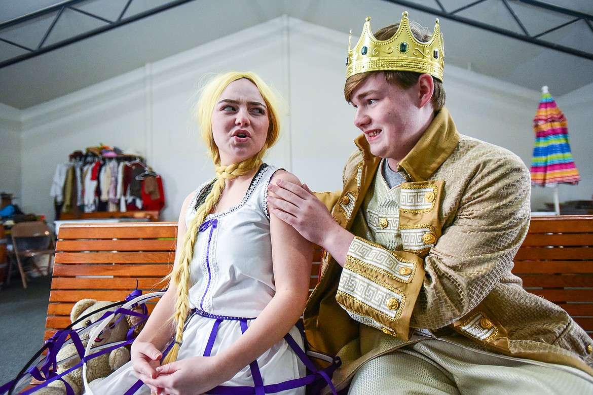 Elizabeth Landis as Baroness and Wyatt Szymoniak as Baron Bomburst in a scene as the Homeschool Theater Club practices their performance of Chitty Chitty Bang Bang on Friday, March 24. (Casey Kreider/Daily Inter Lake)