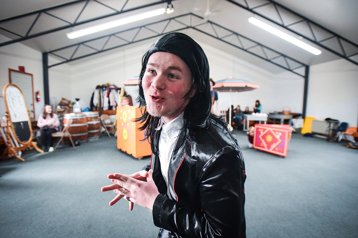 Nathan Kauffman portrays The Child Catcher as the Homeschool Theater Club practices their performance of Chitty Chitty Bang Bang on Friday, March 24. (Casey Kreider/Daily Inter Lake)