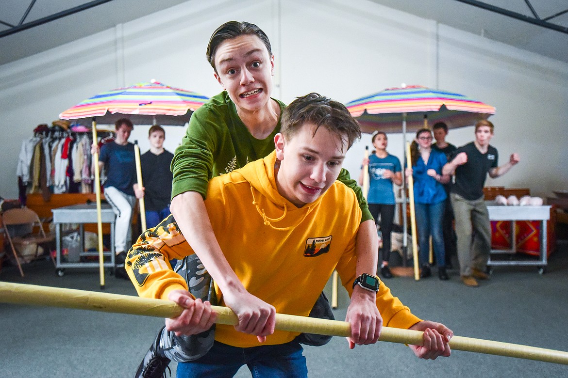 Ethan Stark, left, and Tony Artyomenko as The Spies as the Homeschool Theater Club practices their performance of Chitty Chitty Bang Bang on Friday, March 24. (Casey Kreider/Daily Inter Lake)