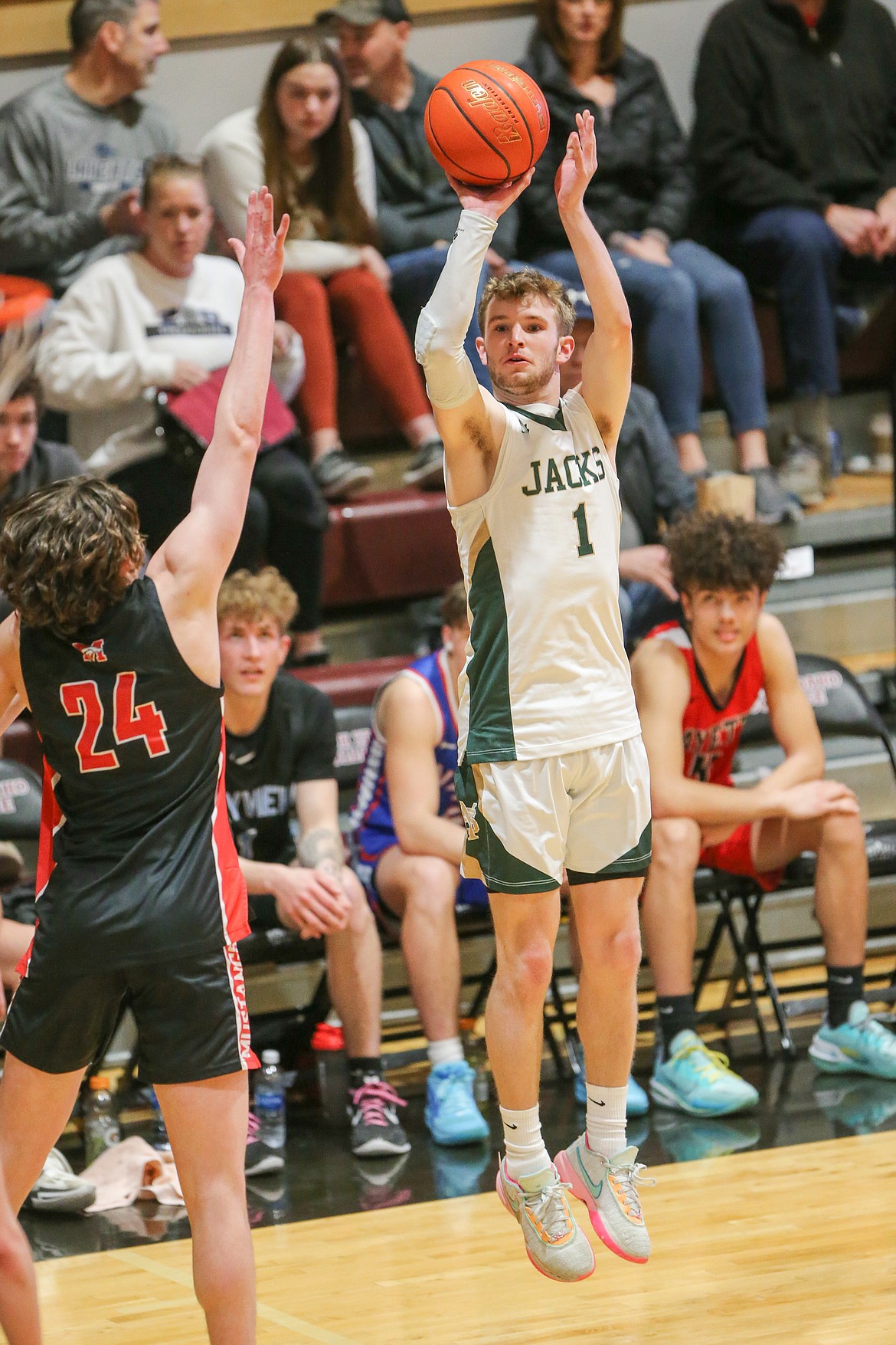 JASON DUCHOW PHOTOGRAPHY
St. Maries guard Greyson Sands puts up a 3-pointer during the first half of Saturday's boys Idaho High School All-Star Game at North Idaho College.