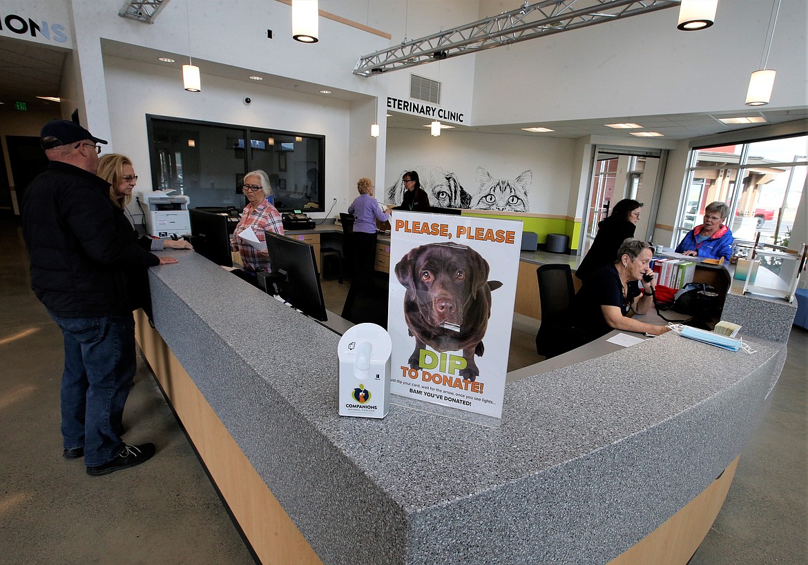 Companions Animal Center staff talk with visitors in the lobby area Saturday.