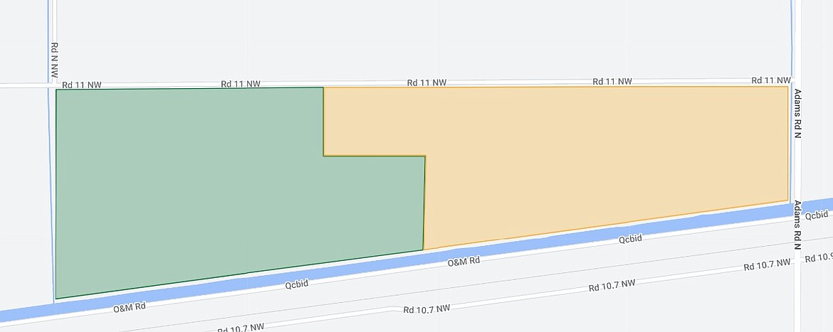 Quincy City Council members annexed two pieces of property, each about 75 acres, into the city at the March 21 council meeting. One section is owned by Michael and Marcia Rodgers, green polygon, while the other is owned by Daniel Blain, gold polygon.