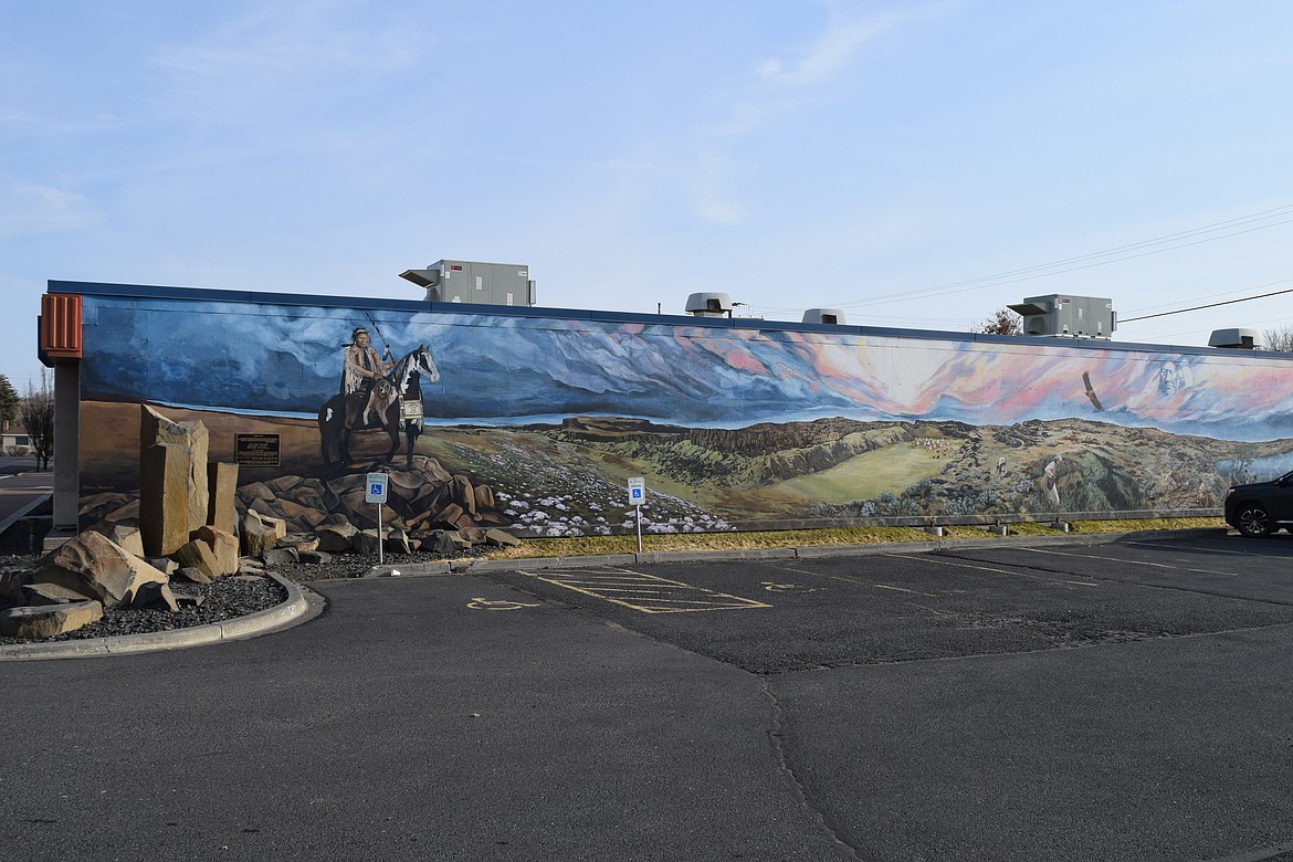 A nearly full-length view of artist Patricia Jensen’s “Man of Peace,” painted in 2004 to honor Chief Moses and the Sinkiuse-Columbia people.