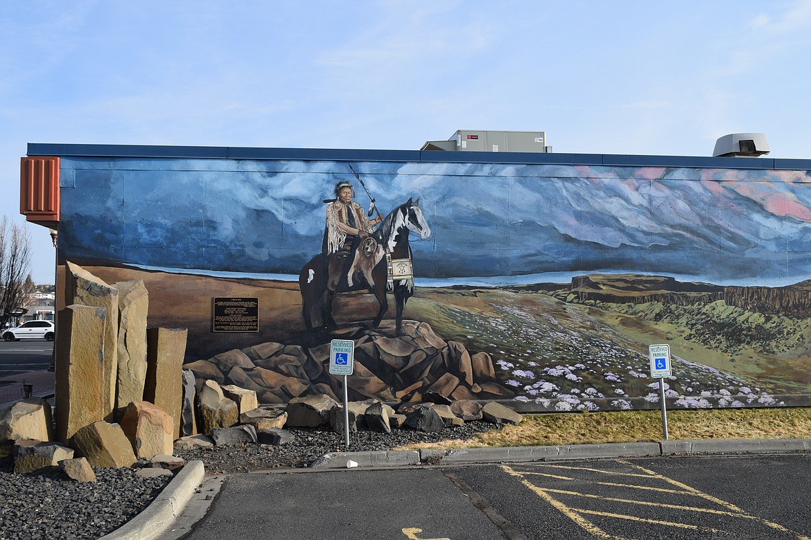 Details of Chief Moses atop a horse in Patricia Jensen’s “Man of Peace” mural.