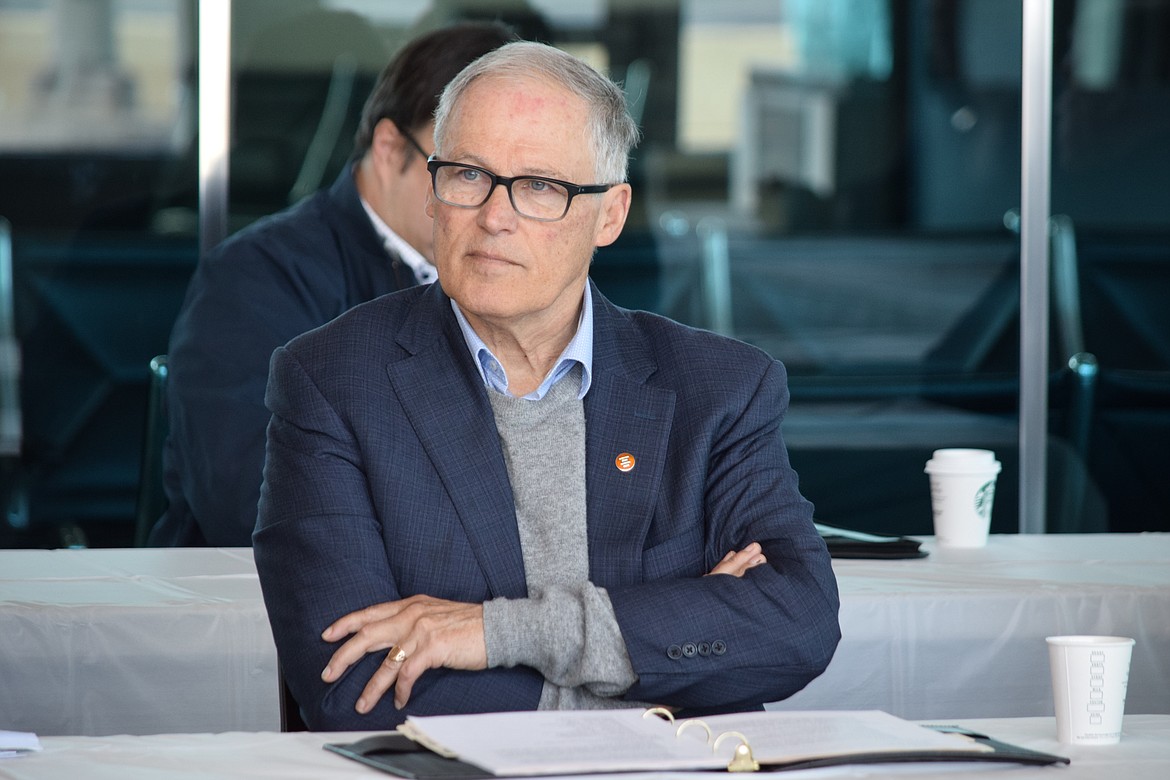 Gov. Jay Inslee in the departure lounge of the main terminal of the Grant County International Airport on Tuesday, where Inslee met with executives from AeroTEC, Eviation and MagniX as well as with the Port of Moses Lake and Grant County Economic Development. Known as “The Fishbowl,” the lounge is frequently used for conferences and receptions.