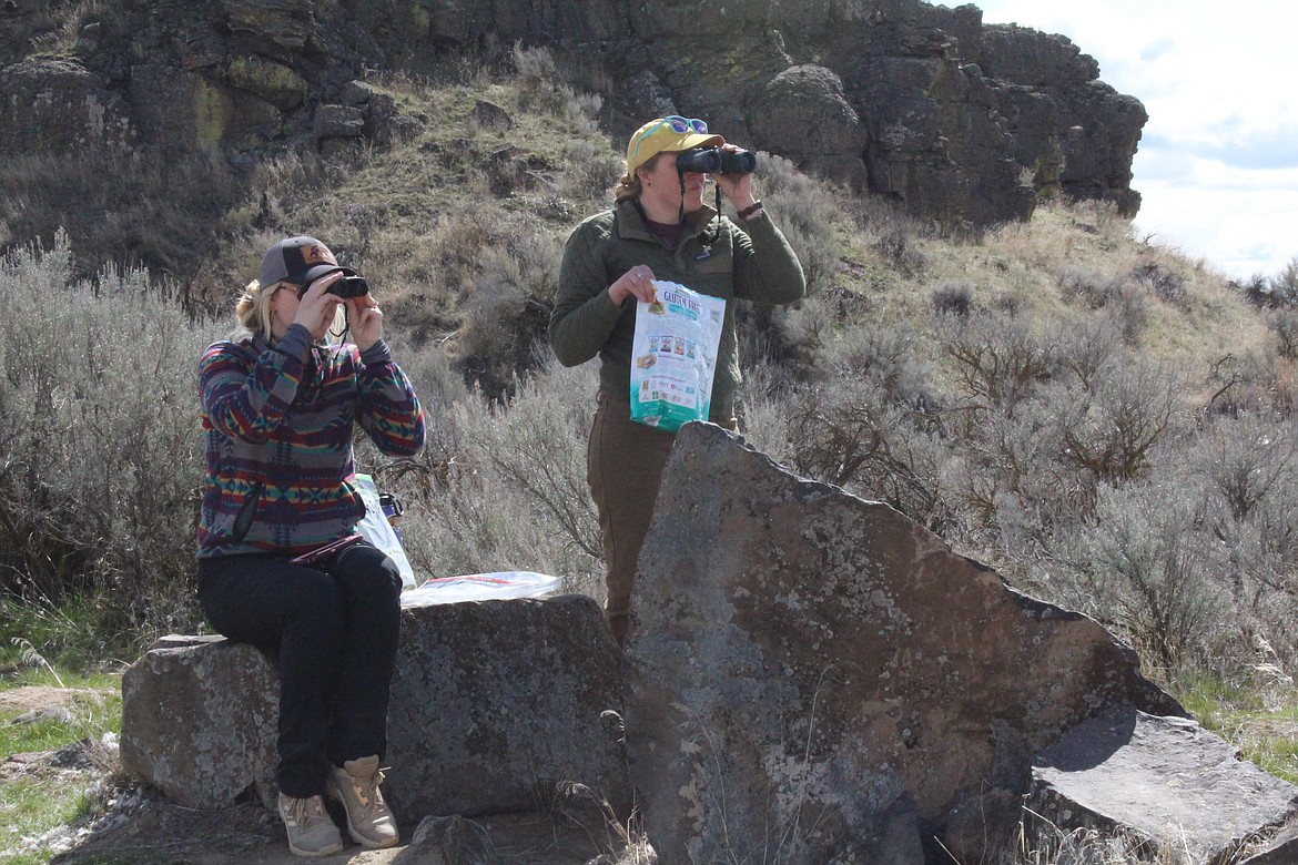 Birdwatchers Raina Glenn, left, and Katie Tackman, right, scout for birds at an overlook on the Columbia National Wildlife Refuge during the Othello Sandhill Crane Festival.