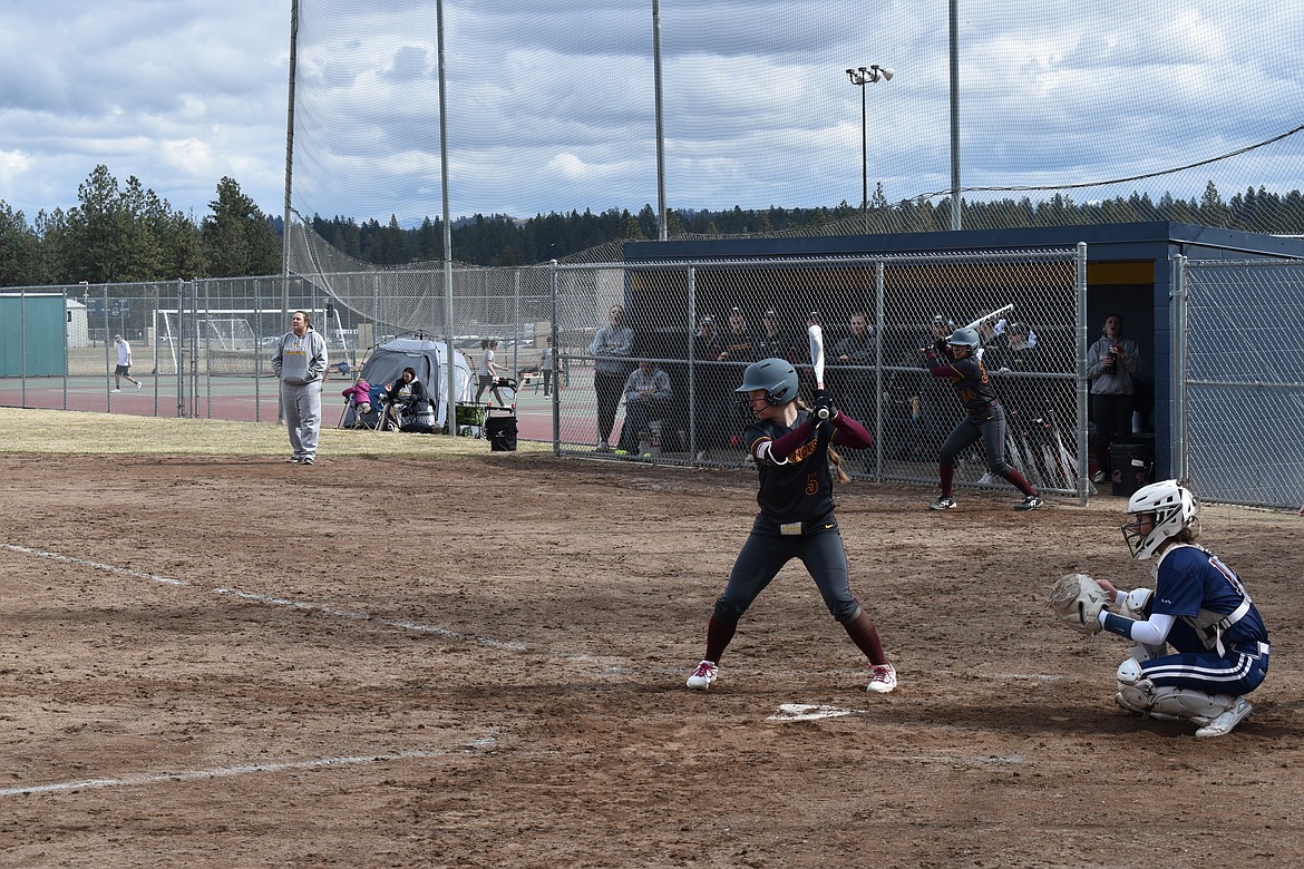 Moses Lake senior Ali Stanley (5) stands in the batter’s box against Mount Spokane on Saturday.