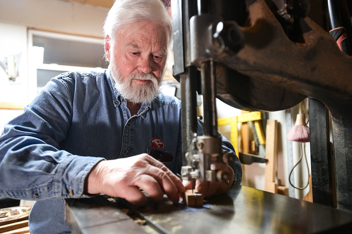 Ron Kelley works on one of his pieces in his shop in Kalispell on Tuesday, March 28. (Casey Kreider/Daily Inter Lake)