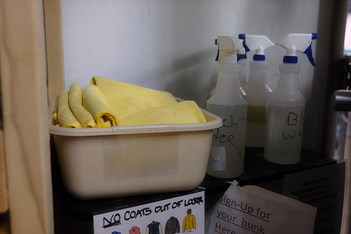 Bleach mixture and microfiber clothes used to clean the sleeping quarters at the Flathead Warming Center. The Warming Center is Flathead County's only low-barrier overnight homeless shelter, open from October to April. (Adrian Knowler/Daily Inter Lake)