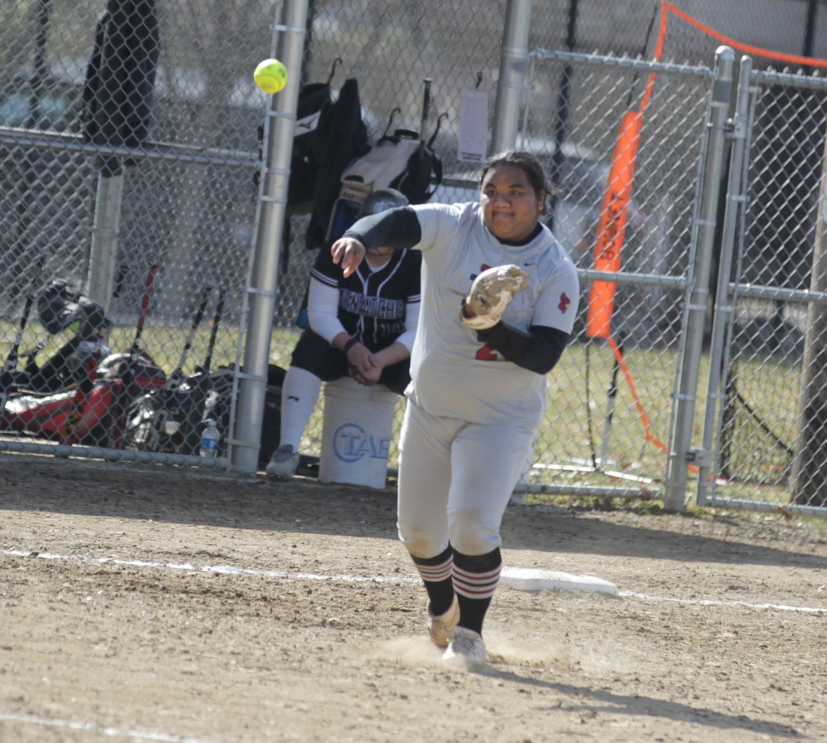 JASON ELLIOTT/Press
North Idaho College freshman third baseman Kani Korok fields and throws to first base during the fourth inning of the first game of Thursday's Northwest Athletic Conference doubleheader against Wenatchee Valley at Memorial Field.