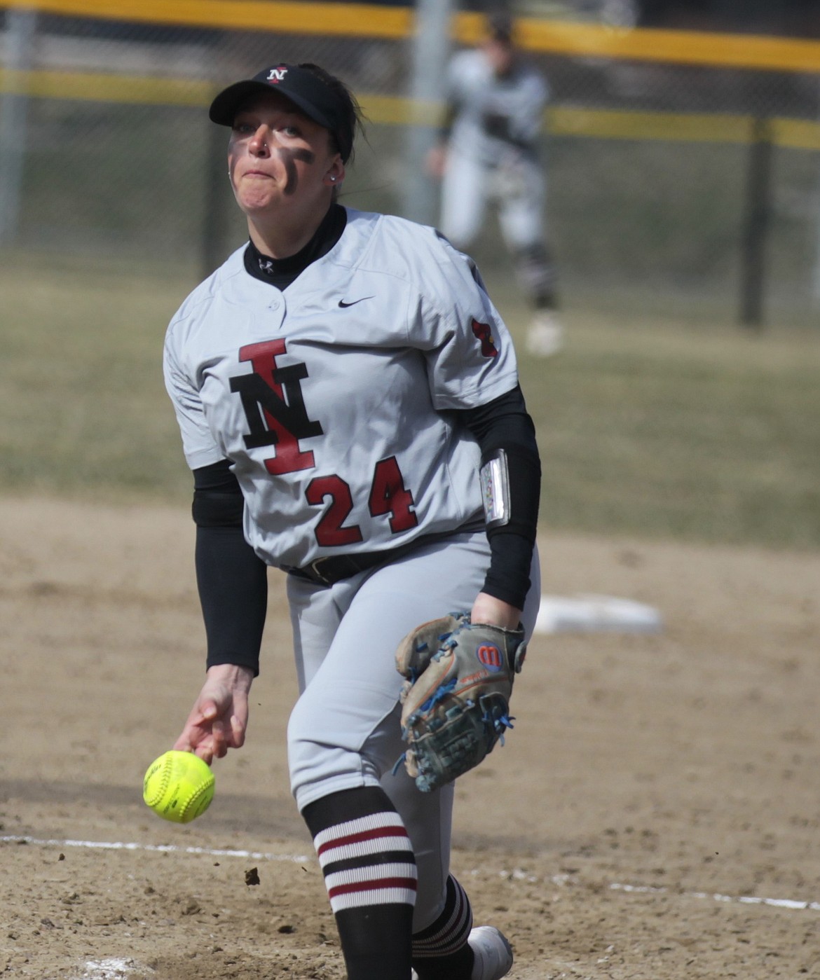 JASON ELLIOTT/Press
North Idaho College freshman Kennedy Hobson fires a pitch to the plate during the first game of Thursday's Northwest Athletic Conference doublheheader against Wenatchee Valley at Memorial Field.