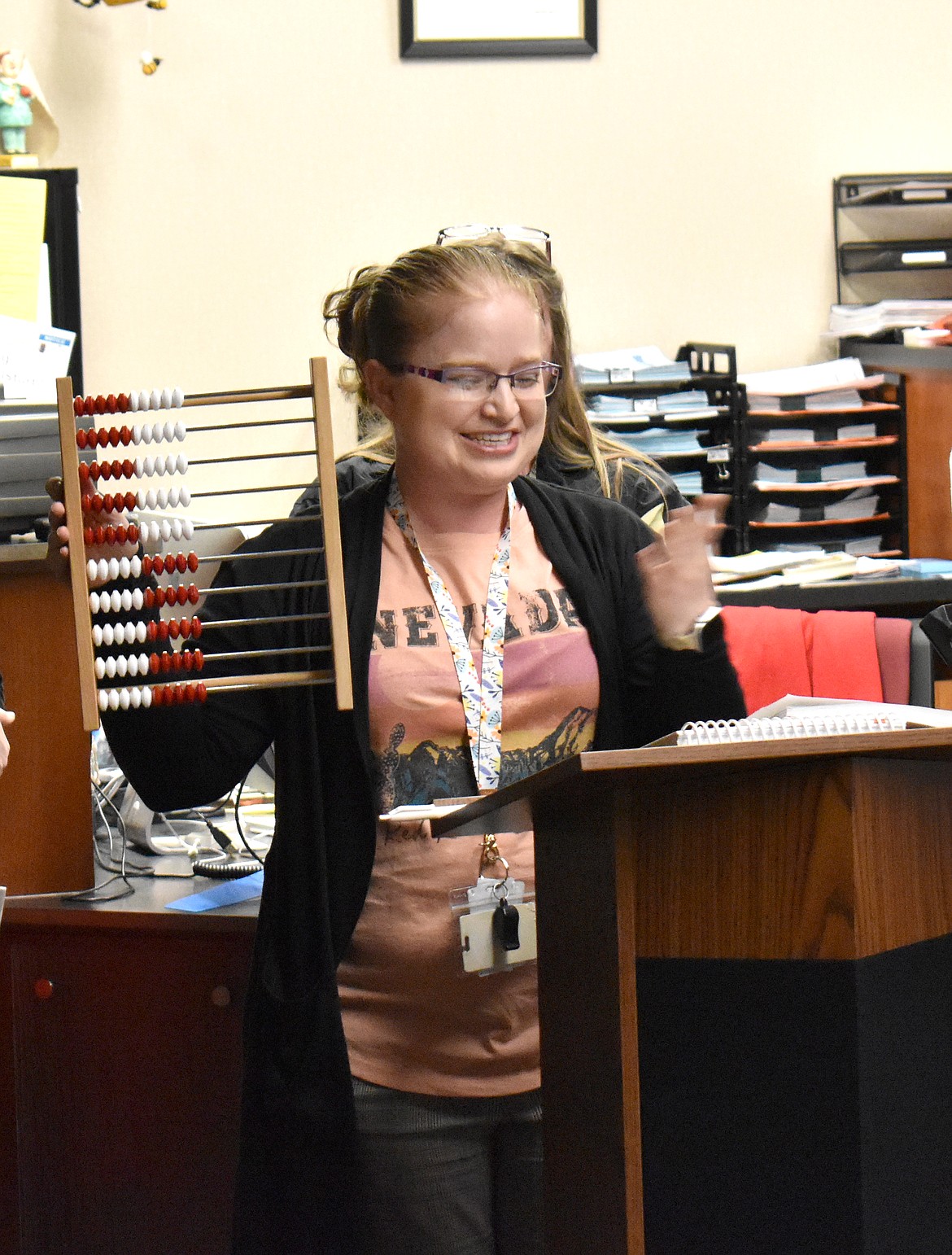 Red Rock Elementary School second-grade teacher Rachel Dubes demonstrates the use of the Rekenrek, part of the Eureka Math2 curriculum approved by the Royal School Board Monday.