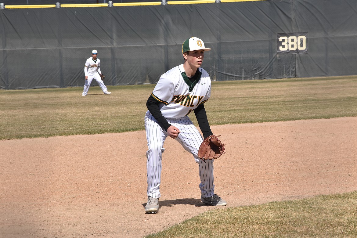 Quincy's Ashton Barnes-Keller waits in the infield during a game in the 2022 season. The Jacks grabbed a win on the diamond against Omak on Wednesday. The team now has a 3 and 3 record and will face Royal on April 8.