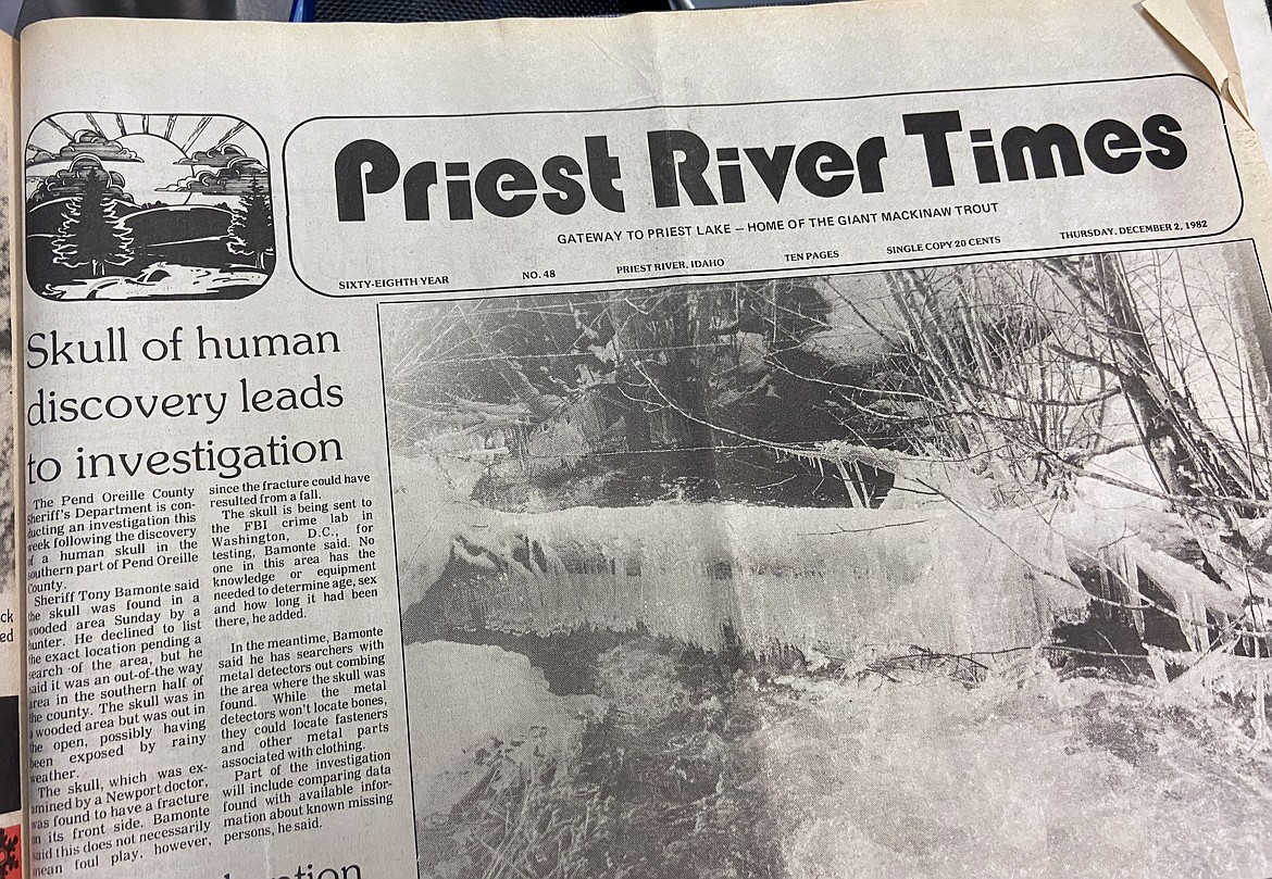A story in the Dec. 2, 1982, edition of the Priest River Times details the discovery of a partial human skull in southern Pend Oreille County, Wash. DNA technology was used to identify the skull as that of Mildred (Allison) Hubertz — a discovery that was announced Friday.