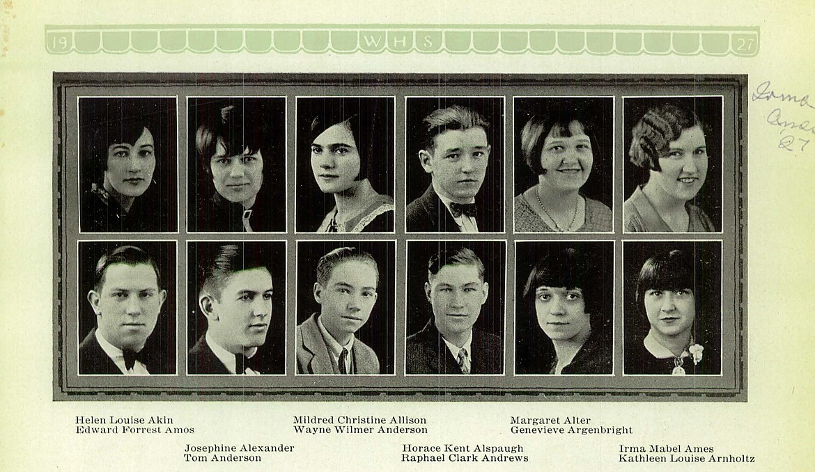 A yearbook photo of Mildred (Allison) Hubertz, pictured in the top row third from left, found on Ancestry.com shows her as a high school senior in Witchita, Kans., in 1927.