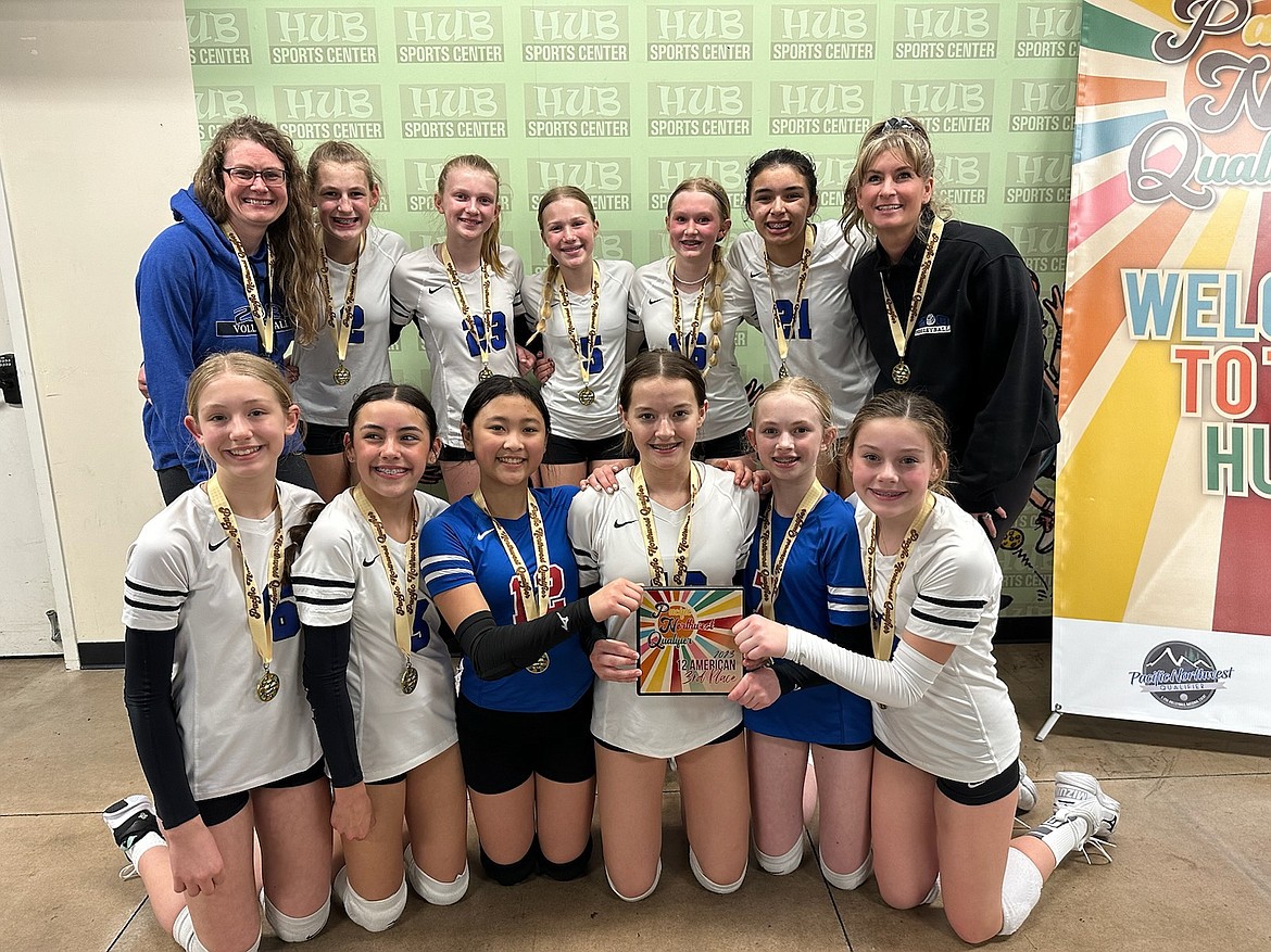 Courtesy photo
208 Volleyball Club’s U12 Elite placed third in the American Division at the Pacific Northwest Qualifier this weekend, playing at the HUB Sports Center in Liberty Lake. In the front row from left are Paisley Ray, Jade Laos, Sonia-Rei Fong, Ella Jeanselme, Chloe Rasmussen and Gretah Angle; and back row from left, coach Amber Powell, Everlee Powell, Peyton Barclift, Danica Pratt, Lilly Fletcher, Ellie Fangman and head coach Jessica Trevena.