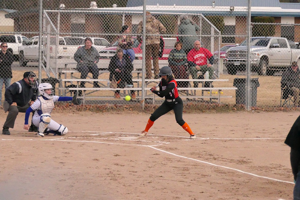 Plains senior shortstop Carlie Wagoner lets a high pitch go by during her first inning at bat in the season opener against Thompson Falls last week.  (Chuck Bandel/VP-MI)