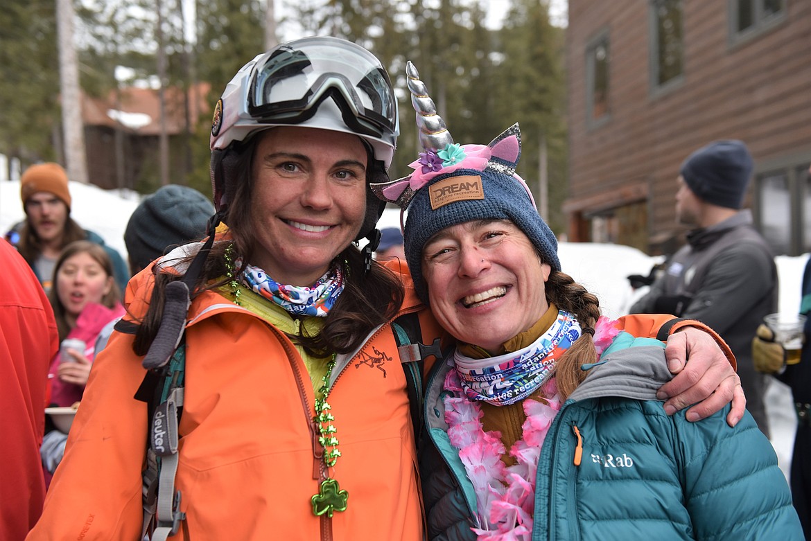 Winner of the adult downhill vert, Jennie Bradford Rosenjack, is all smiles alongside Lynn Foster at the Shred-a-Thon on the Big Mountain Saturday. (Julie Engler/Whitefish Pilot)