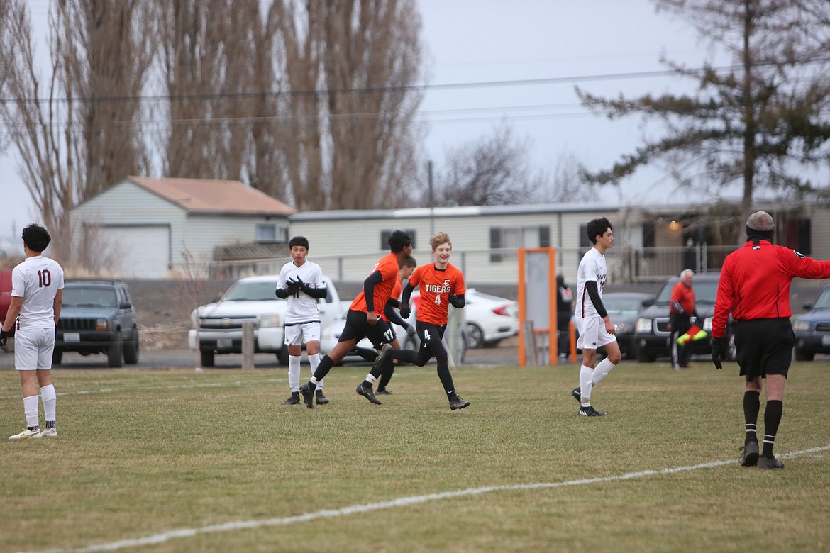 Ephrata sophomore Llandon Ahmann (4) smiles after scoring a goal in the first half against Grandview on Friday.