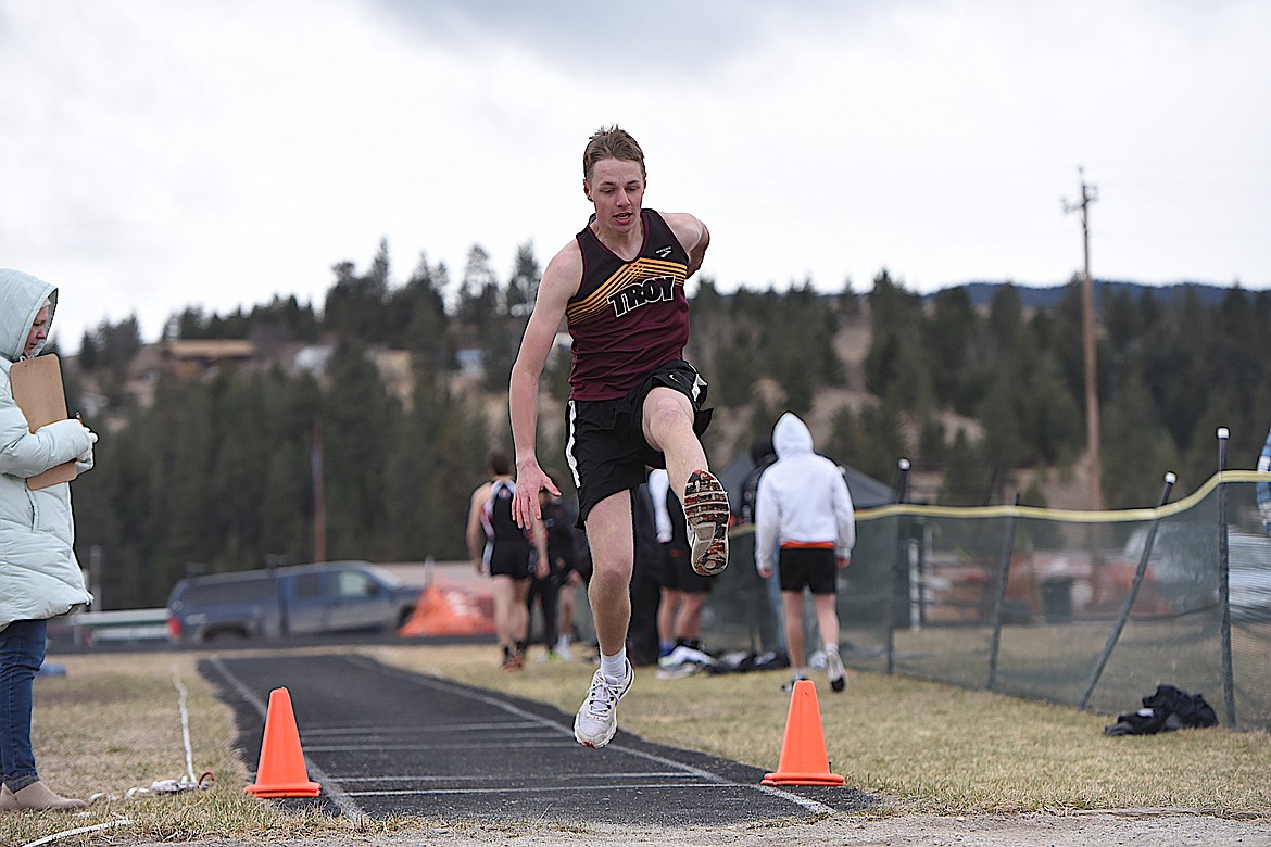 Troy long jumper Colter Morris placed 14th at the Eureka Invitational on Saturday, April 1, 2023. (Scott Shindledecker/The Western News)