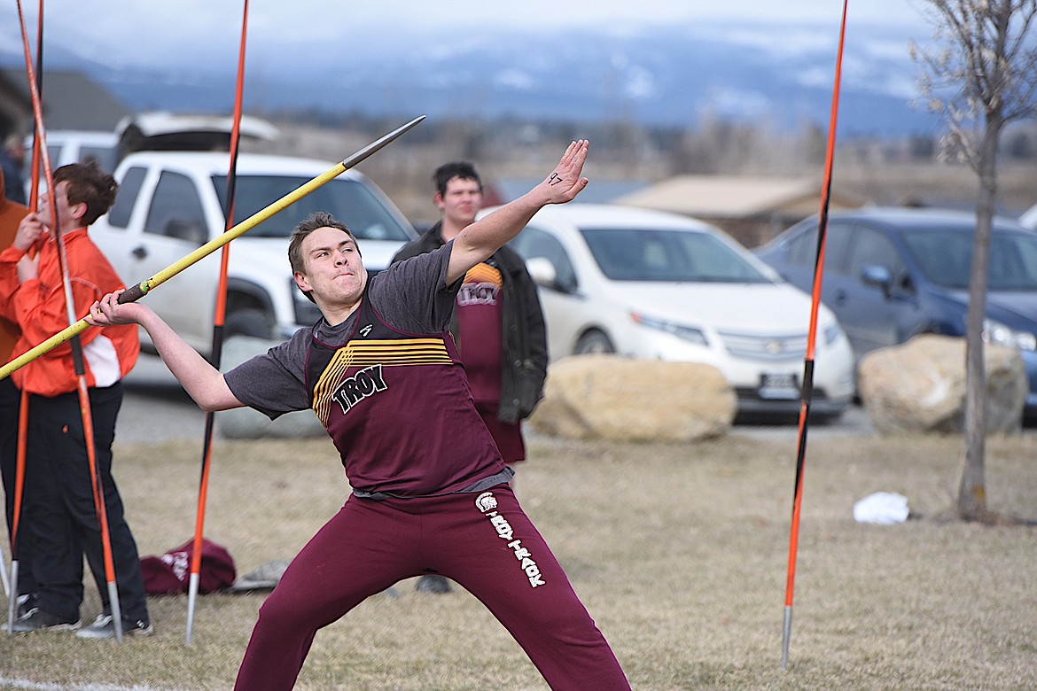 Troy thrower Jacob Gromley placed third at the Eureka Invitational on Saturday, April 1, 2023. (Scott Shindledecker/The Western News)