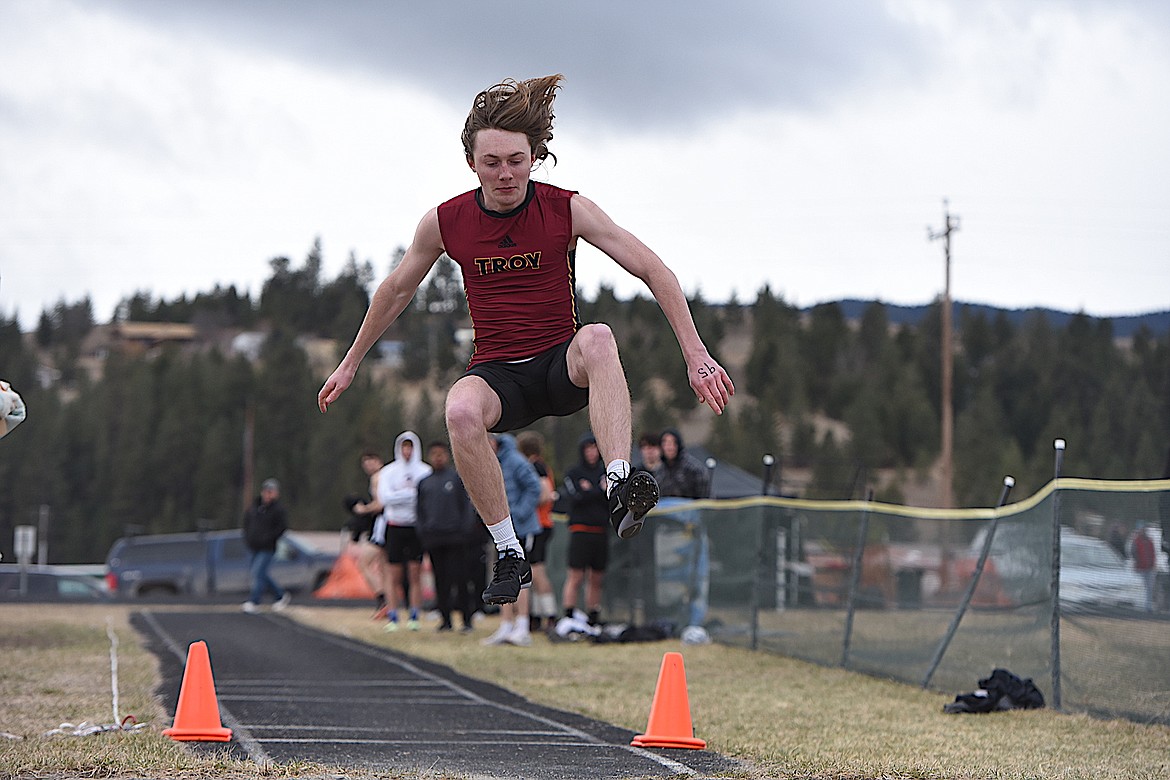 Troy long jumper Gavin Bender placed 11th at the Eureka Invitational on Saturday, April 1, 2023. (Scott Shindledecker/The Western News)