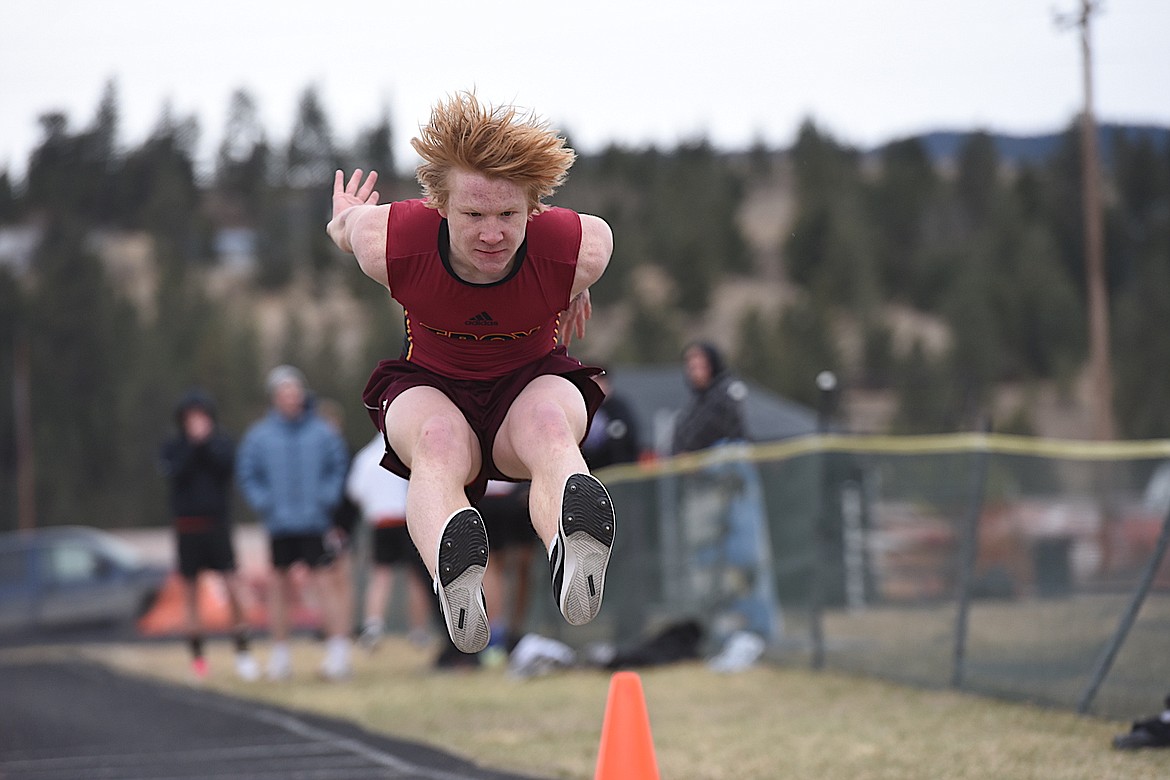 Troy long jumper Marcus Hermes placed sixth at the Eureka Invitational on Saturday, April 1, 2023. (Scott Shindledecker/The Western News)