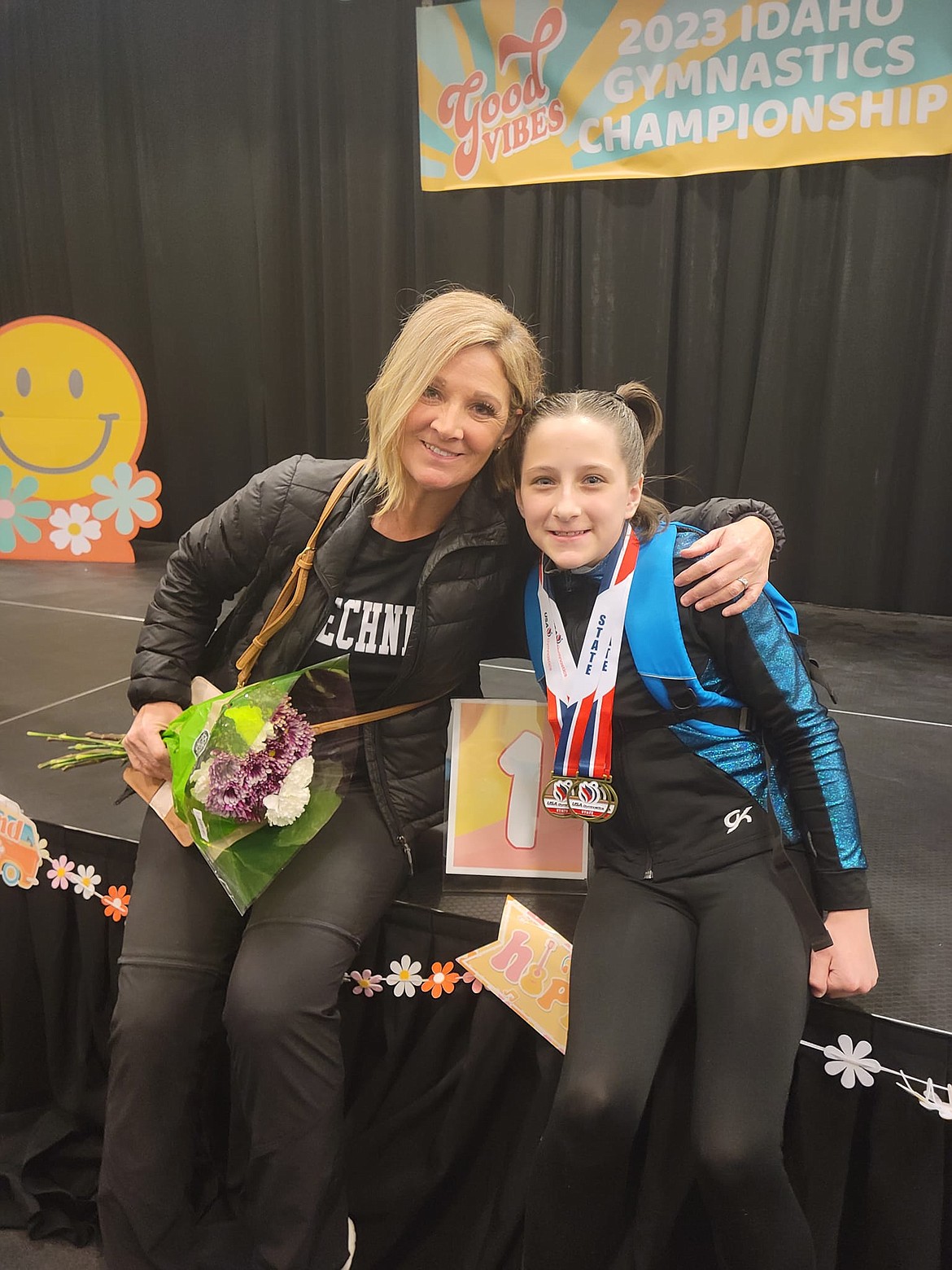 Courtesy photo
Idaho AA, Bars, and Floor state champion Taylynn Lee, right, of Technique Gymnastics and her coach, Suni Crawford.