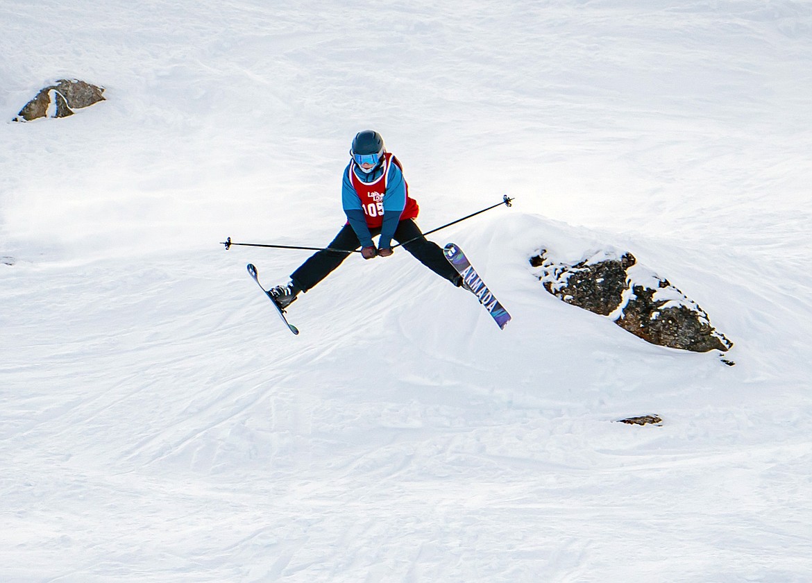 Katie Hersom does a spread eagle off a feature at the Lake Louise National Qualifier. (Photo courtesy of Travis Rousseau/Lake Louise event organizer)