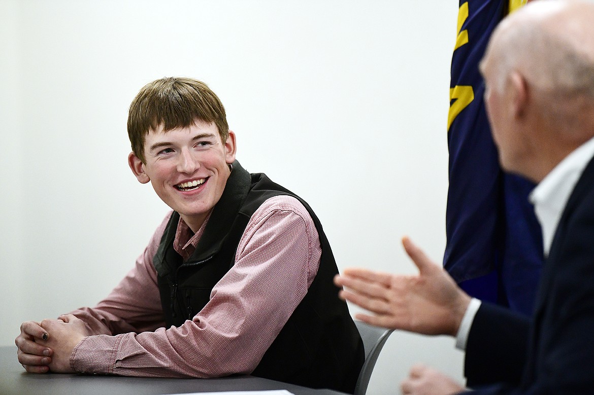 Flathead High School student Hunter Nicholson answers a question from Gov. Greg Gianforte during a roundtable discussion regarding the importance of expanding individualized, work-based learning opportunities in Montana schools at Flathead High School on Wednesday, April 5. (Casey Kreider/Daily Inter Lake)