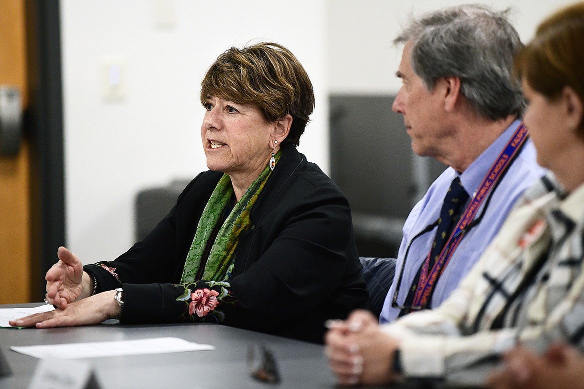 Flathead Valley Community College President Dr. Jane Karas speaks during a roundtable discussion regarding the importance of expanding individualized, work-based learning opportunities in Montana schools at Flathead High School on Wednesday, April 5. (Casey Kreider/Daily Inter Lake)