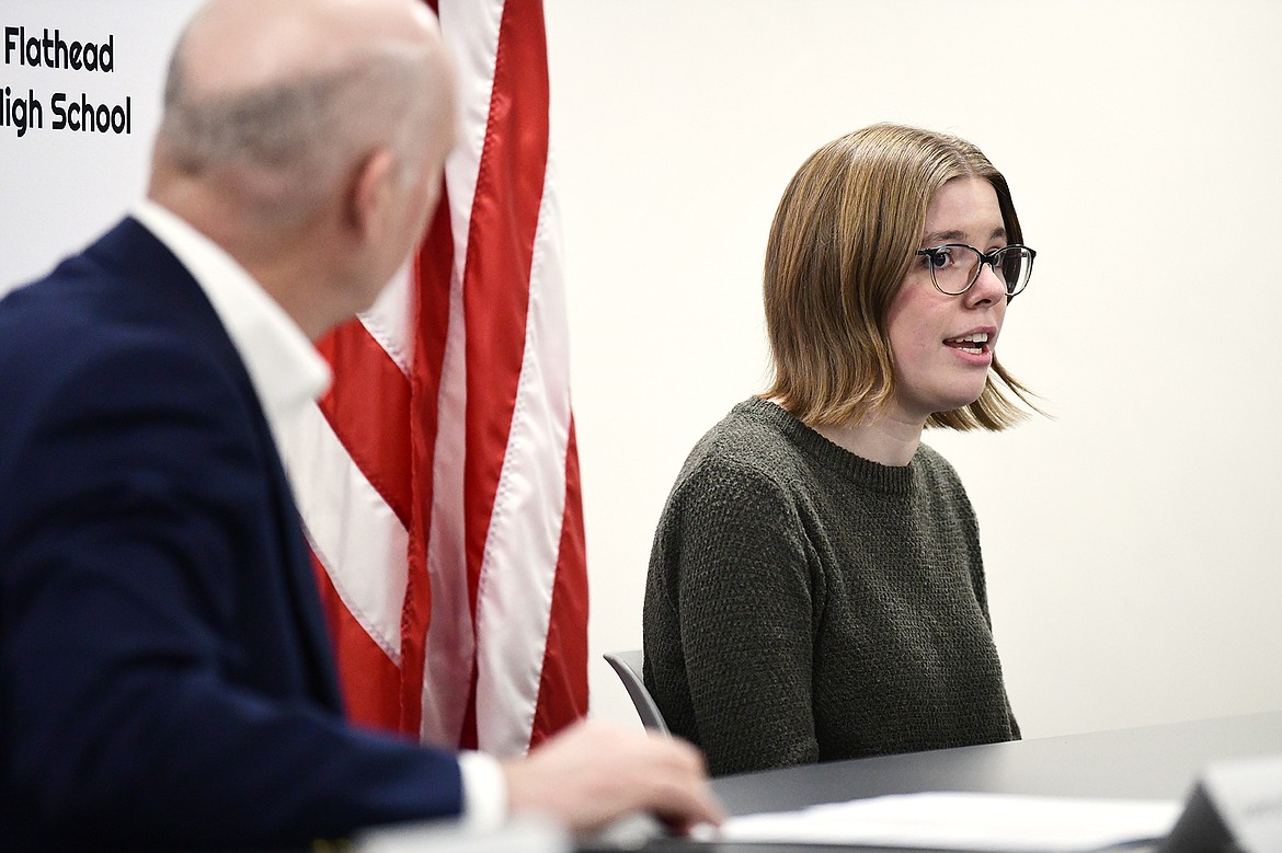 Flathead High School student Selah Conklin speaks during a roundtable discussion regarding the importance of expanding individualized, work-based learning opportunities in Montana schools at Flathead High School on Wednesday, April 5. (Casey Kreider/Daily Inter Lake)